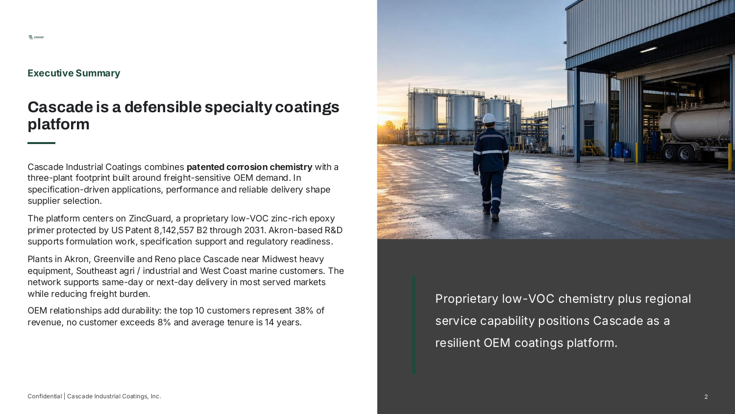 Executive Summary — Cascade is a defensible specialty coatings platform