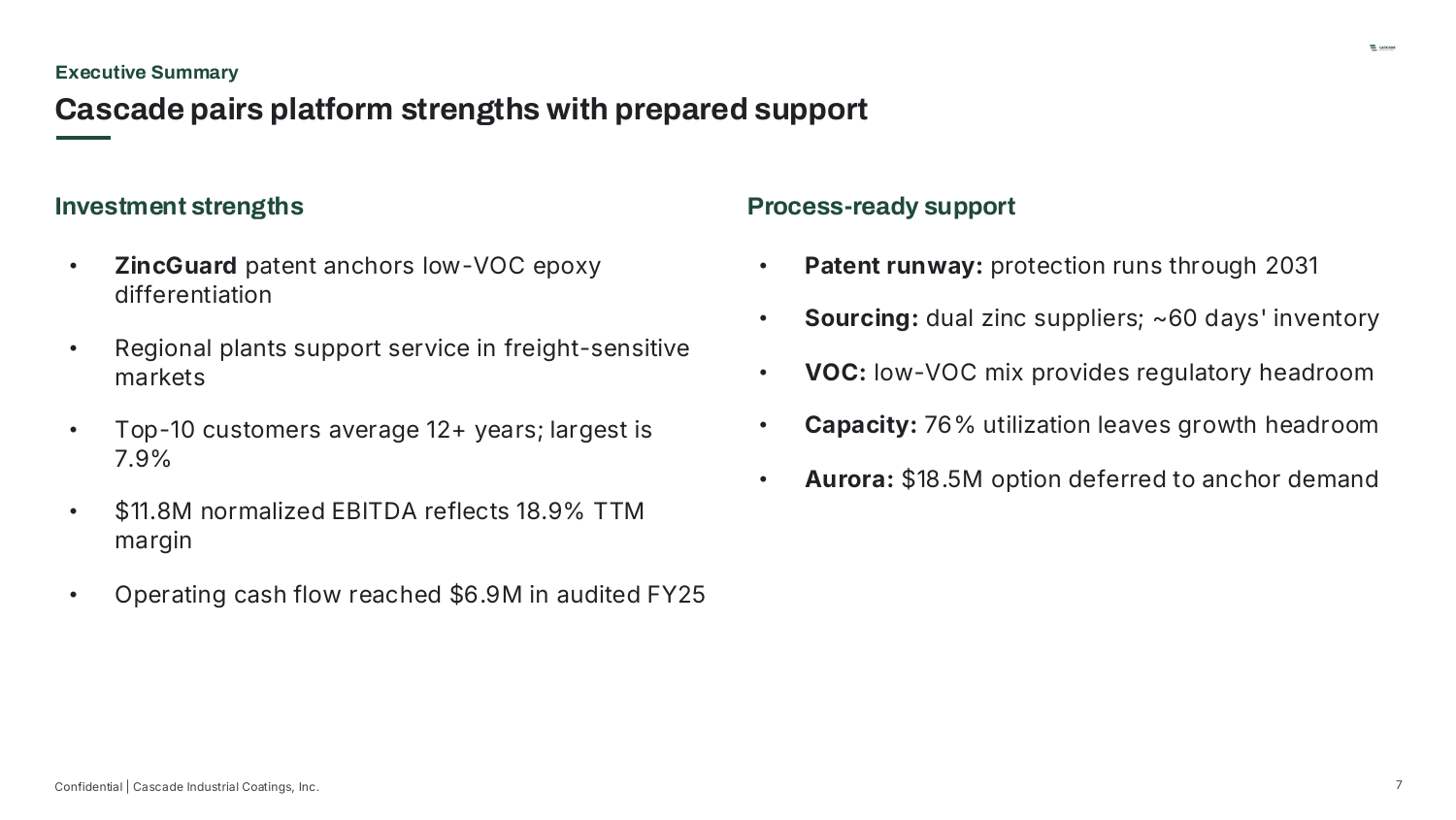 Executive Summary — Cascade pairs platform strengths with prepared support