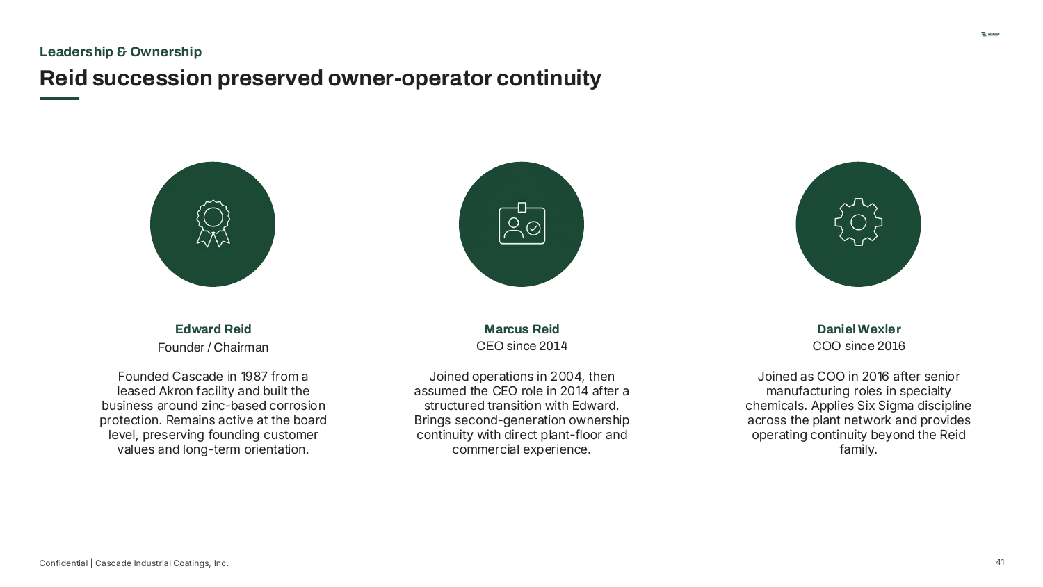 Leadership & Ownership — Reid succession preserved owner-operator continuity