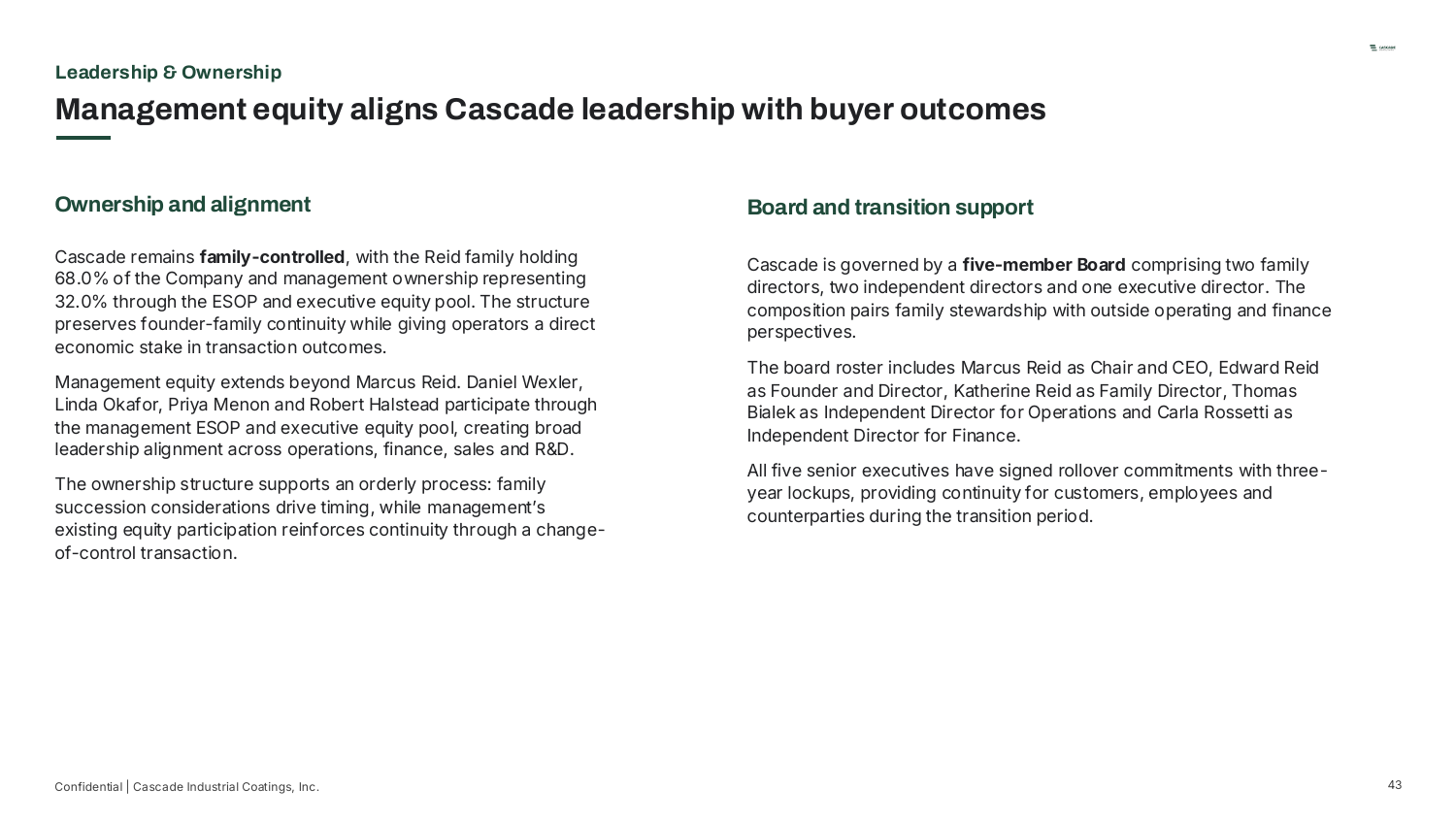 Leadership & Ownership — Management equity aligns Cascade leadership with buyer outcomes