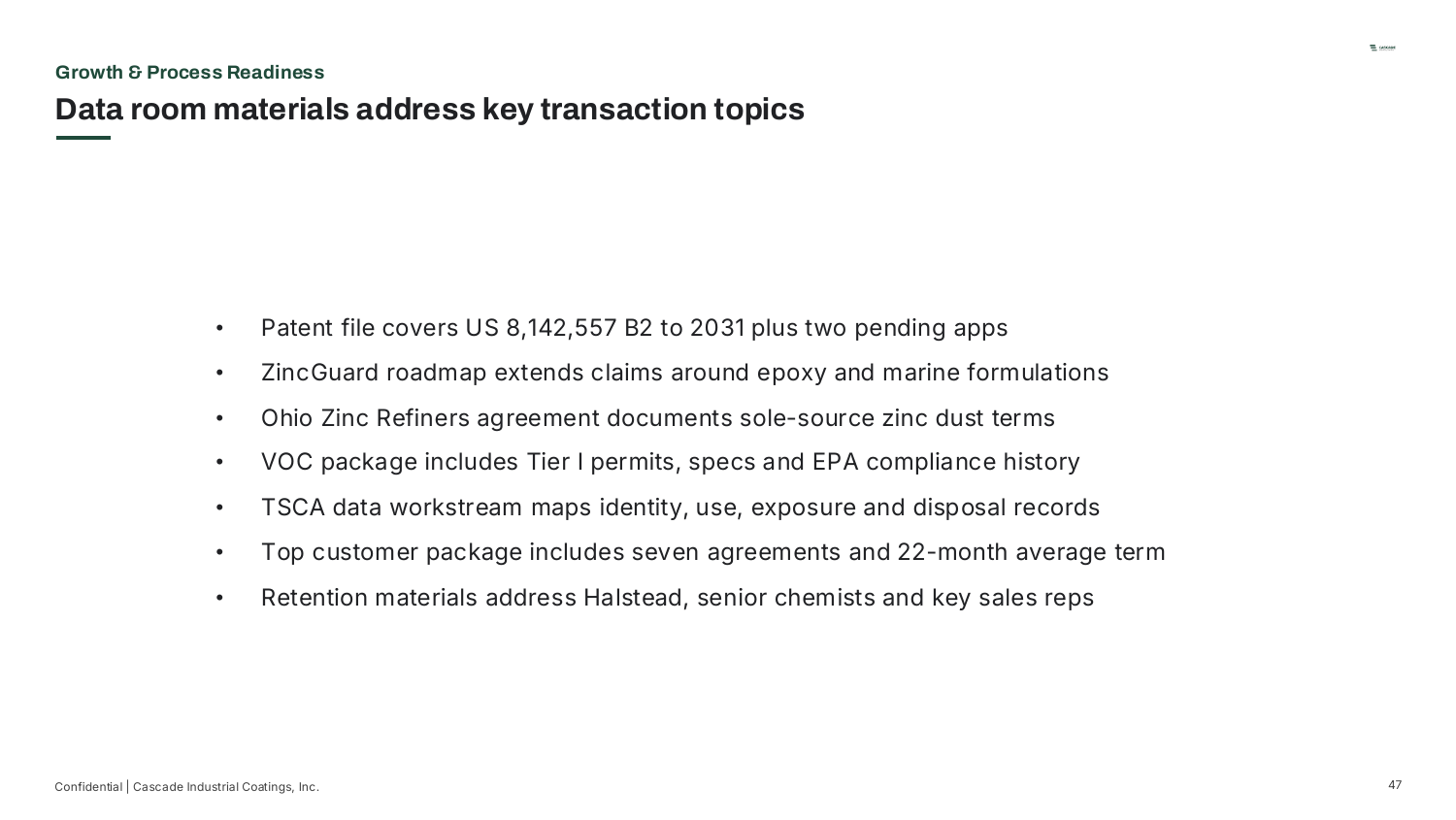 Growth & Process Readiness — Data room materials address key transaction topics