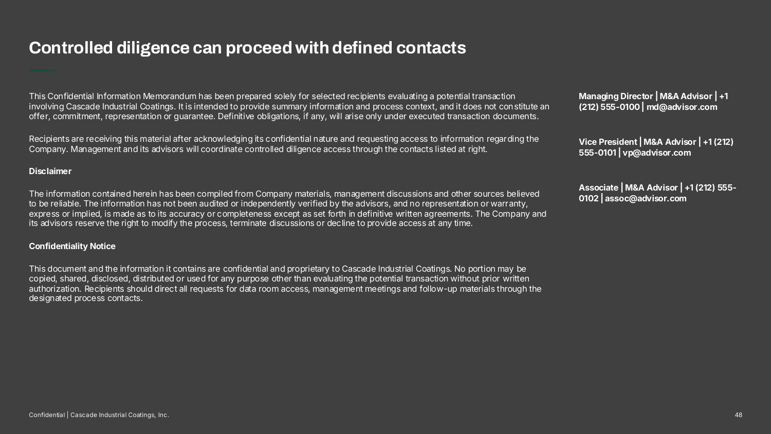 Confidential Information Memorandum — Disclaimer and process contacts