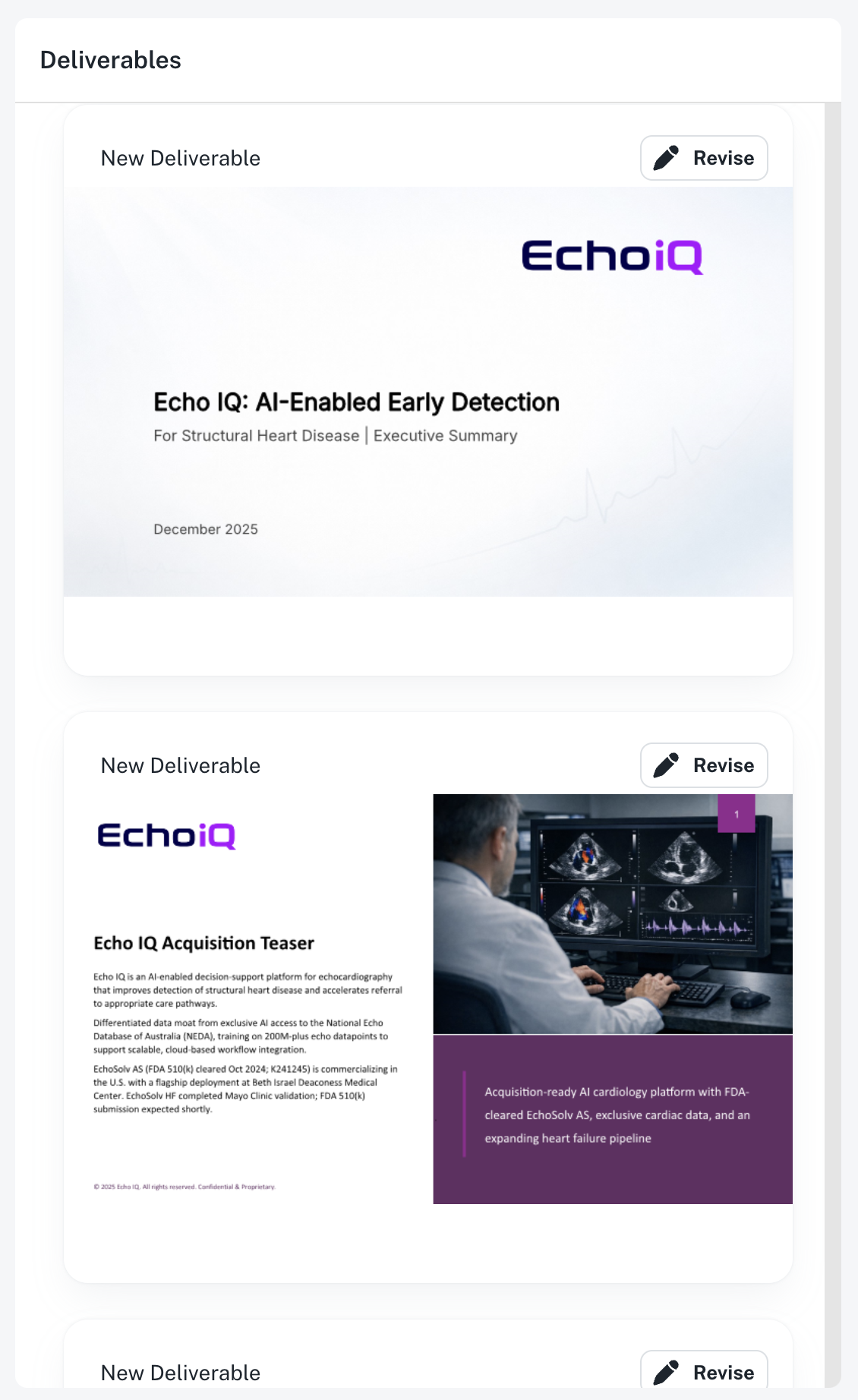 Deliverables column showing generated files