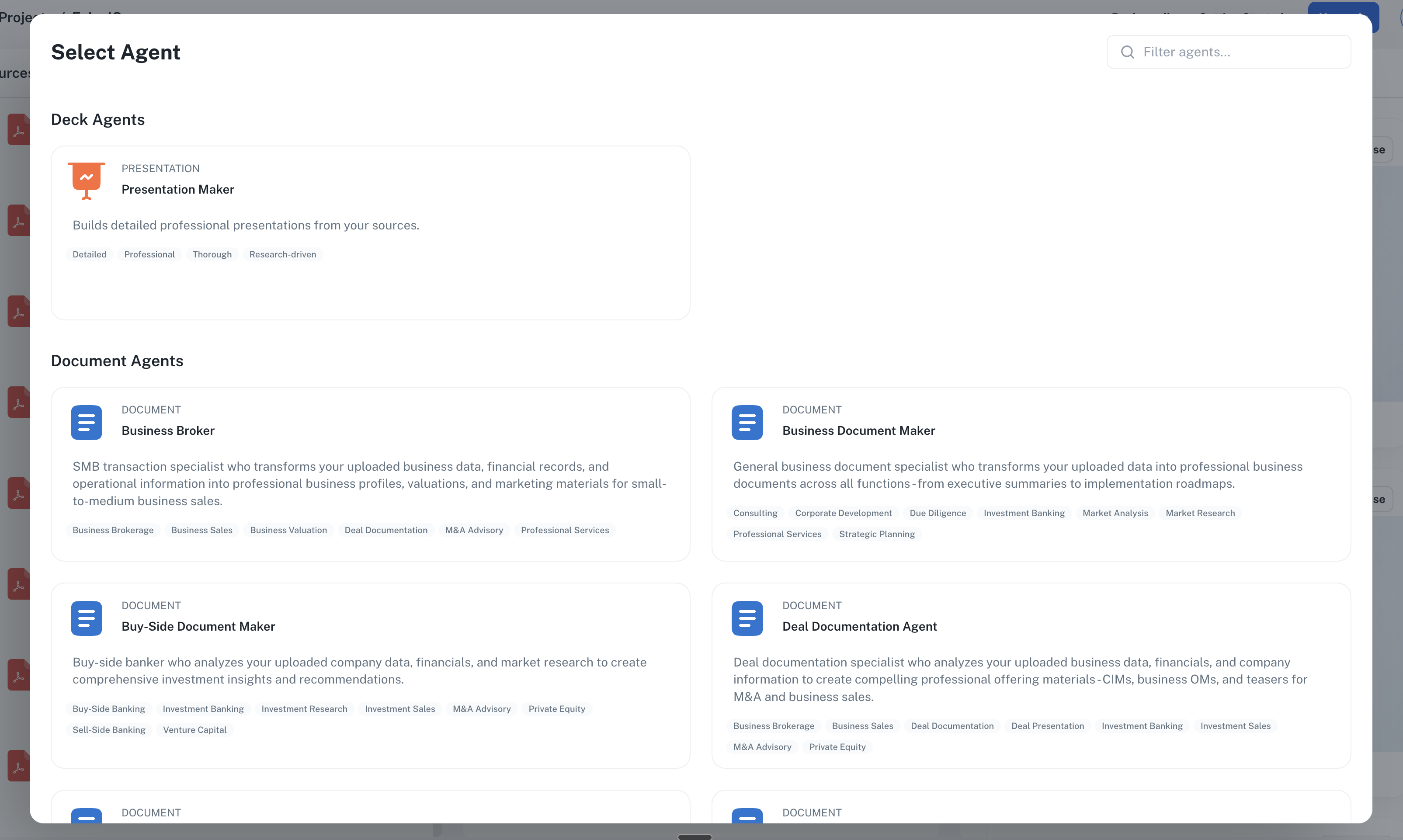 Select agent dropdown showing document agents